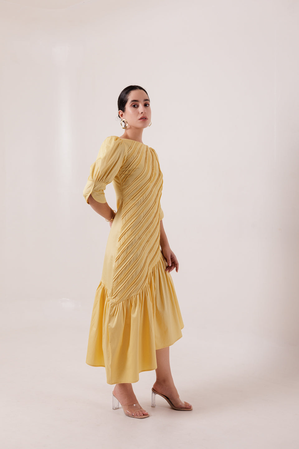SUN YELLOW DIAGONAL PLEATED MAXI DRESS