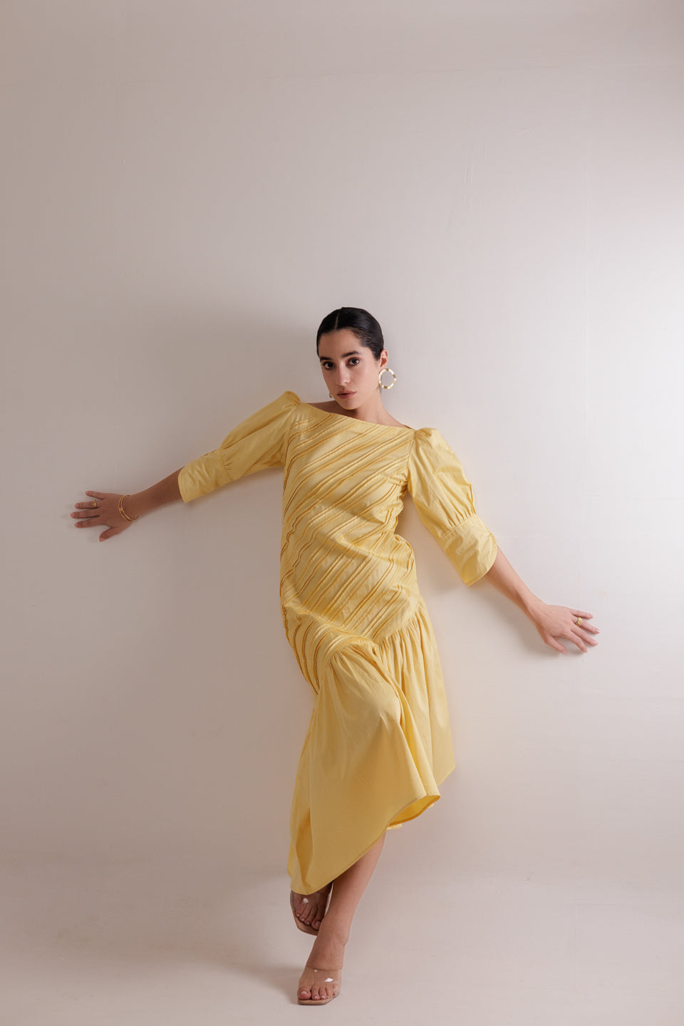 SUN YELLOW DIAGONAL PLEATED MAXI DRESS