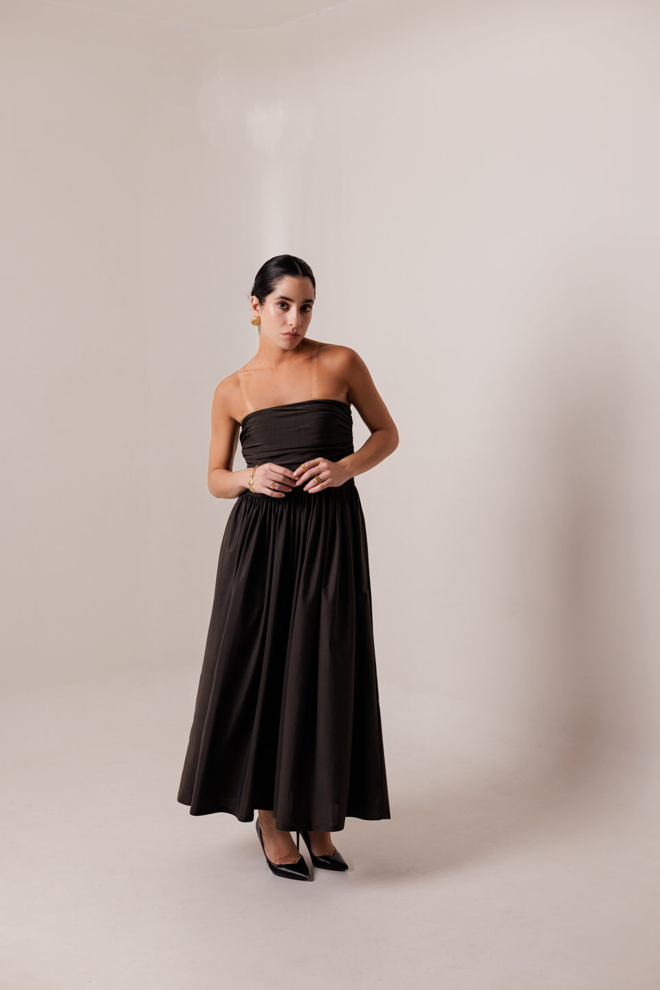 TAUPE BROWN PLEATED MIDI DRESS