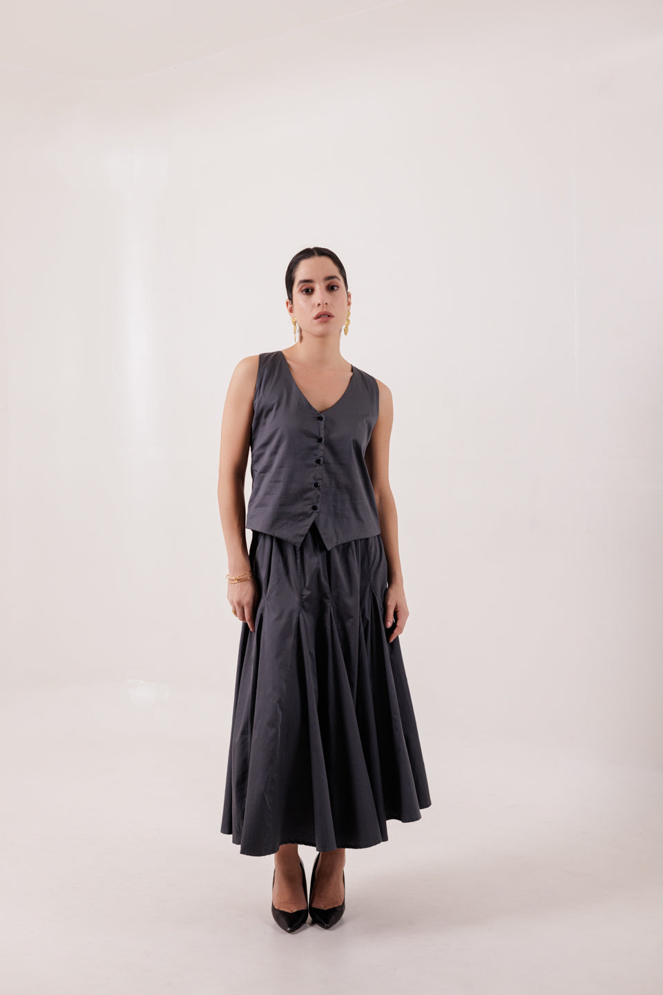 CHARCOAL GREY VEST-PANELLED SKIRT SET