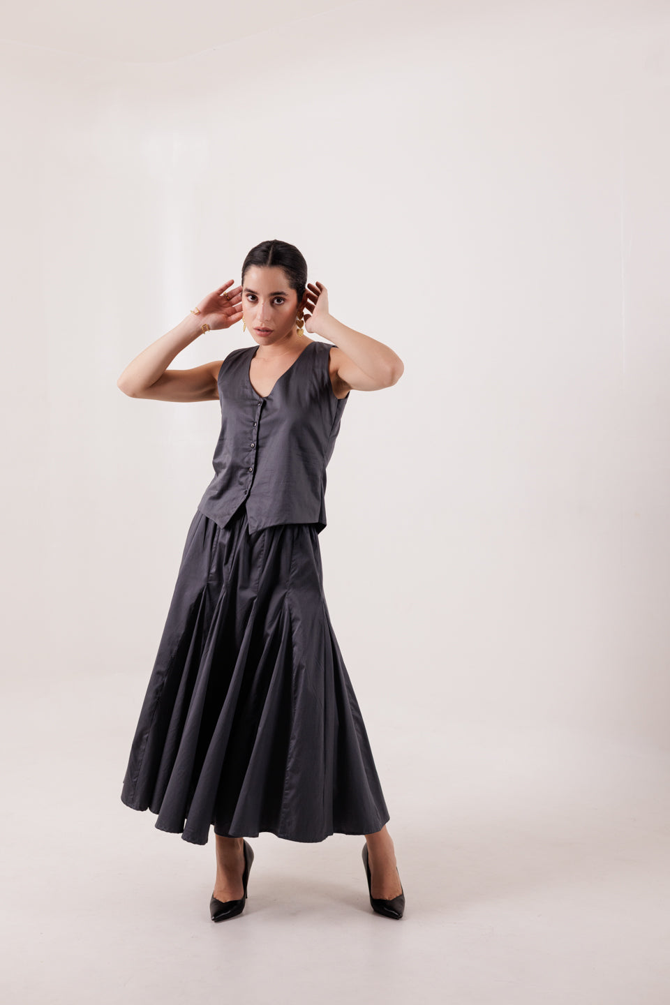 CHARCOAL GREY VEST-PANELLED SKIRT SET