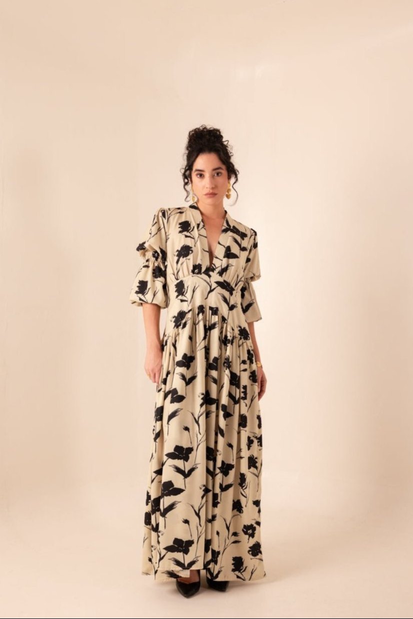 MIDNIGHT FLORA KIMONO NECK MAXI DRESS