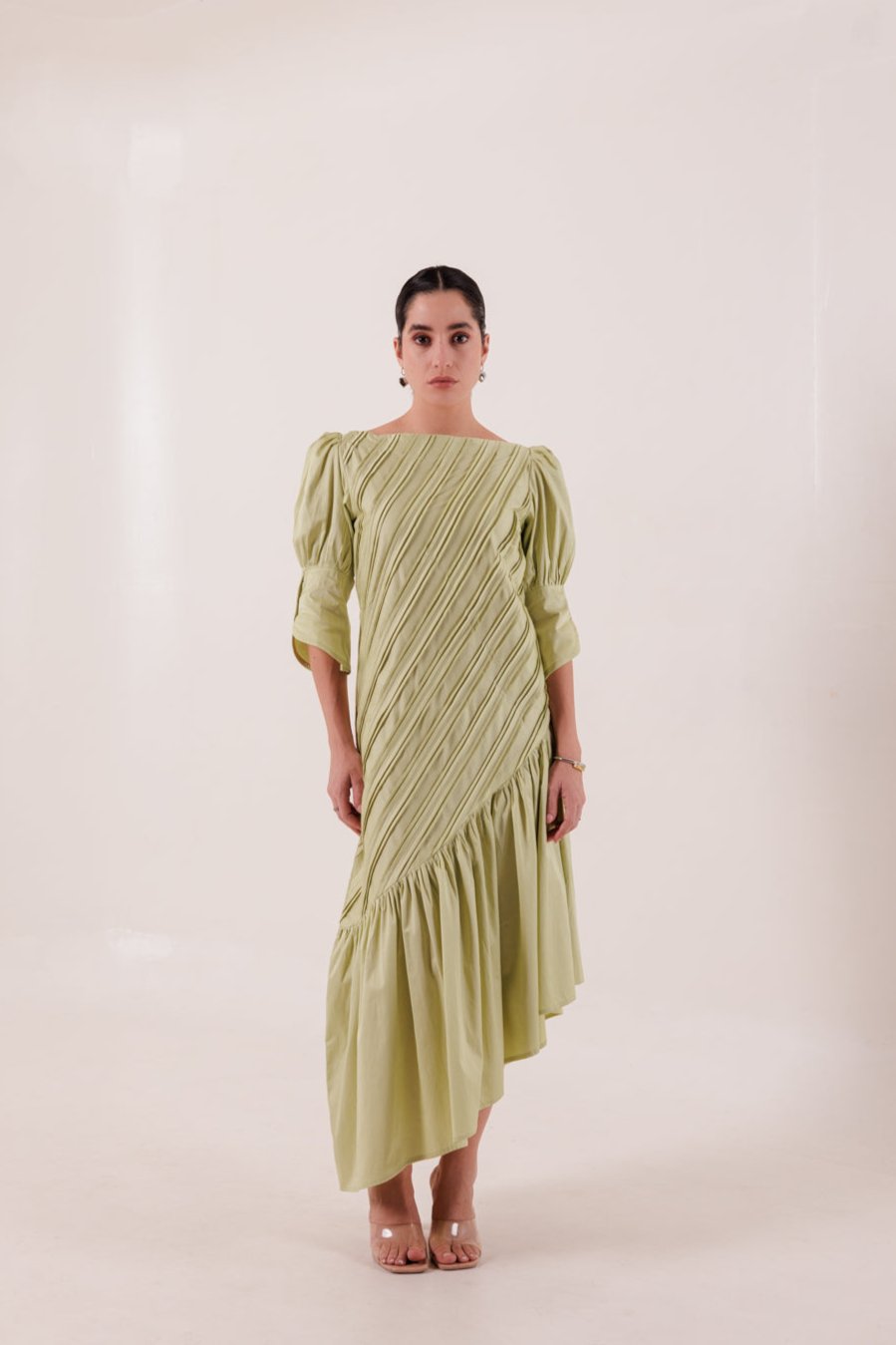 PISTACHIO GREEN DIAGONAL PLEATED MAXI DRESS