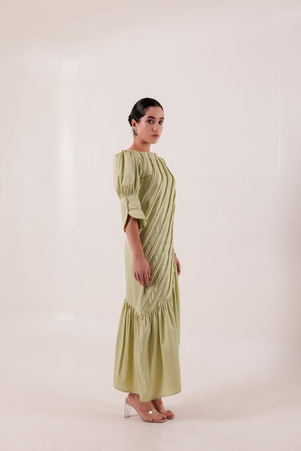 PISTACHIO GREEN DIAGONAL PLEATED MAXI DRESS