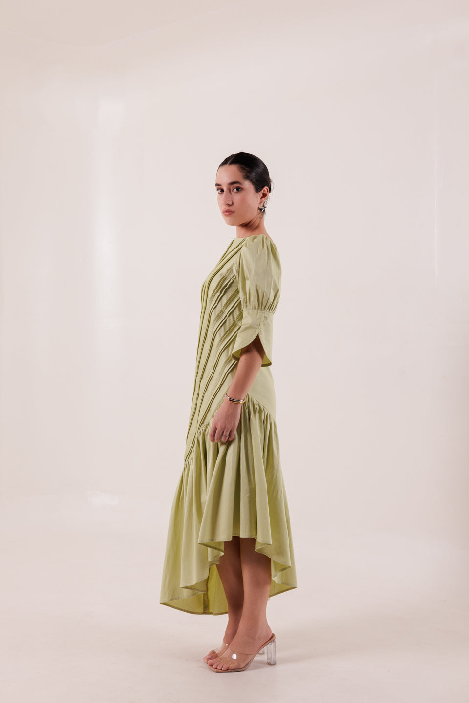 PISTACHIO GREEN DIAGONAL PLEATED MAXI DRESS