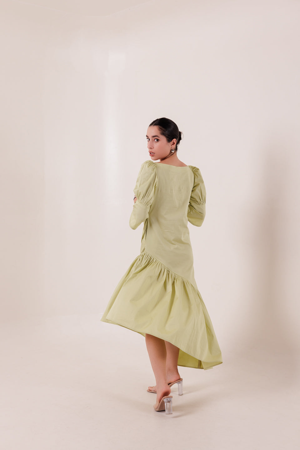 PISTACHIO GREEN DIAGONAL PLEATED MAXI DRESS