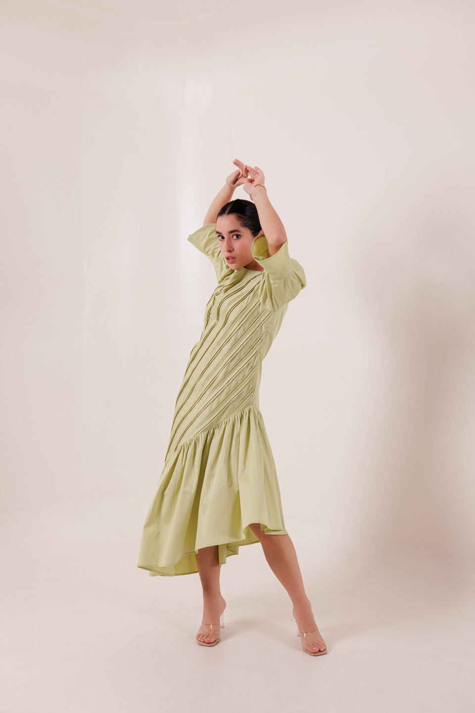 PISTACHIO GREEN DIAGONAL PLEATED MAXI DRESS