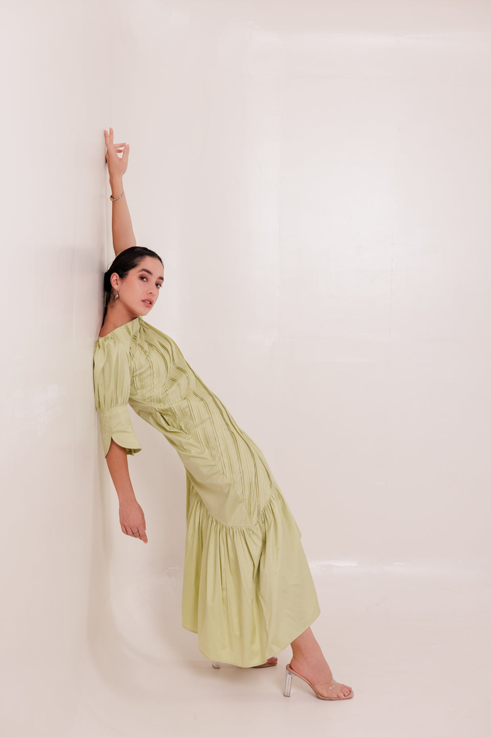 PISTACHIO GREEN DIAGONAL PLEATED MAXI DRESS