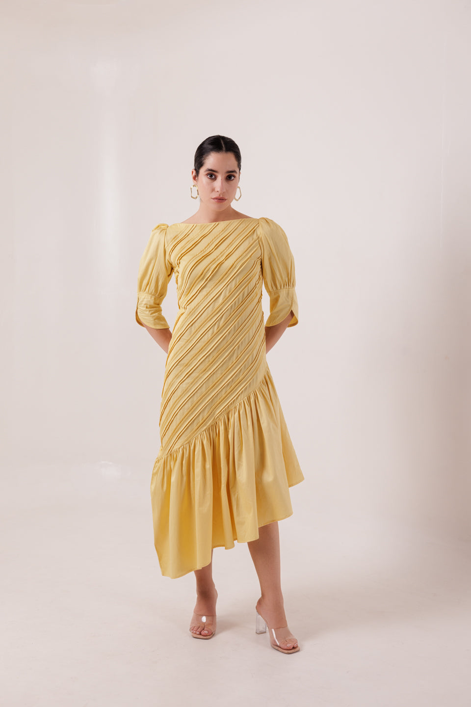 SUN YELLOW DIAGONAL PLEATED MAXI DRESS