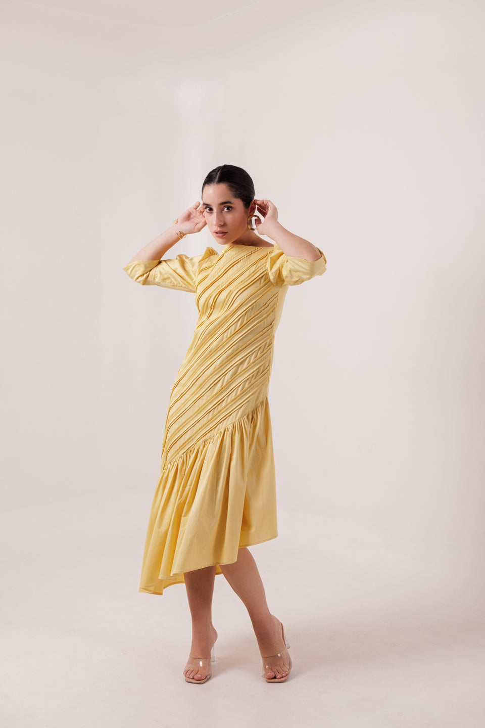 SUN YELLOW DIAGONAL PLEATED MAXI DRESS