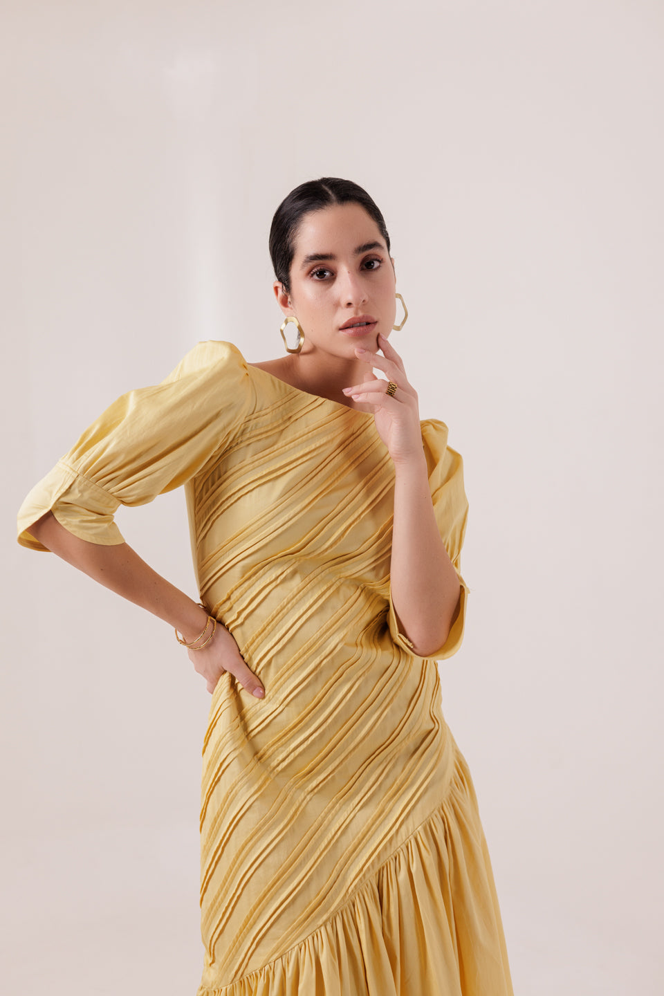 SUN YELLOW DIAGONAL PLEATED MAXI DRESS