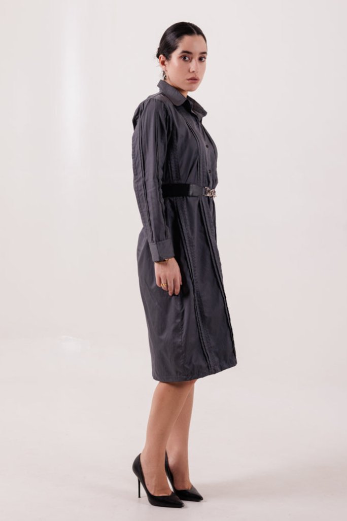 CHARCOAL GREY PLEATED SHIRT DRESS