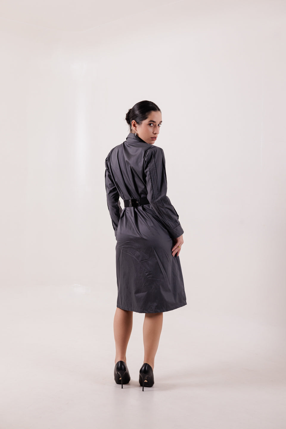 CHARCOAL GREY PLEATED SHIRT DRESS