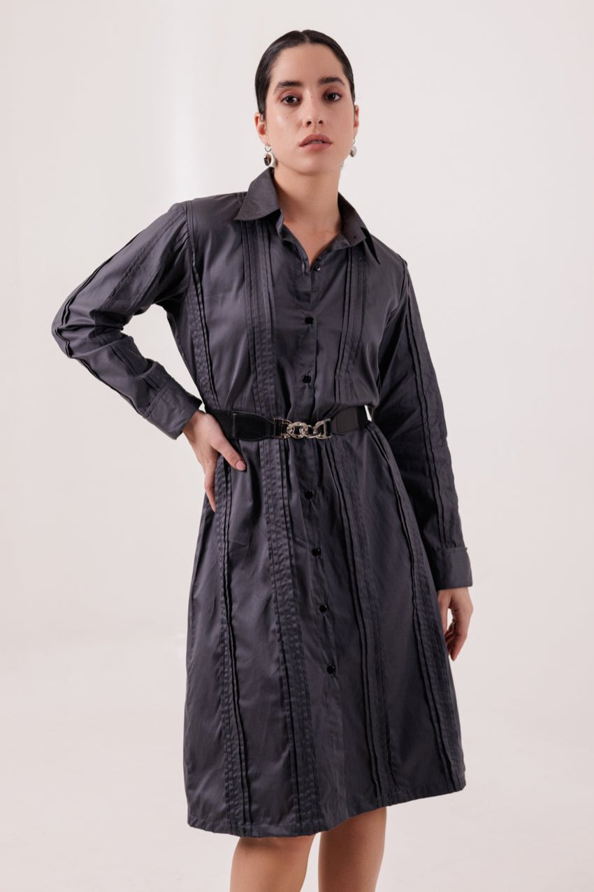 CHARCOAL GREY PLEATED SHIRT DRESS