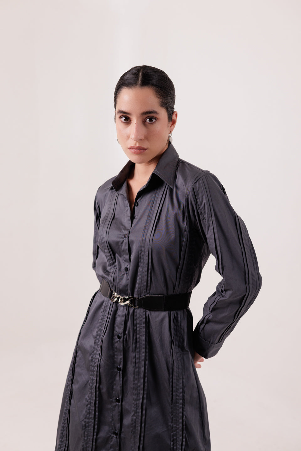 CHARCOAL GREY PLEATED SHIRT DRESS