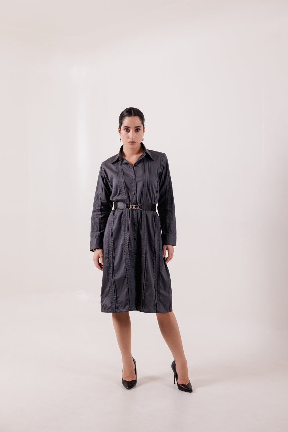 Charcoal Grey Pleated Shirt Dress